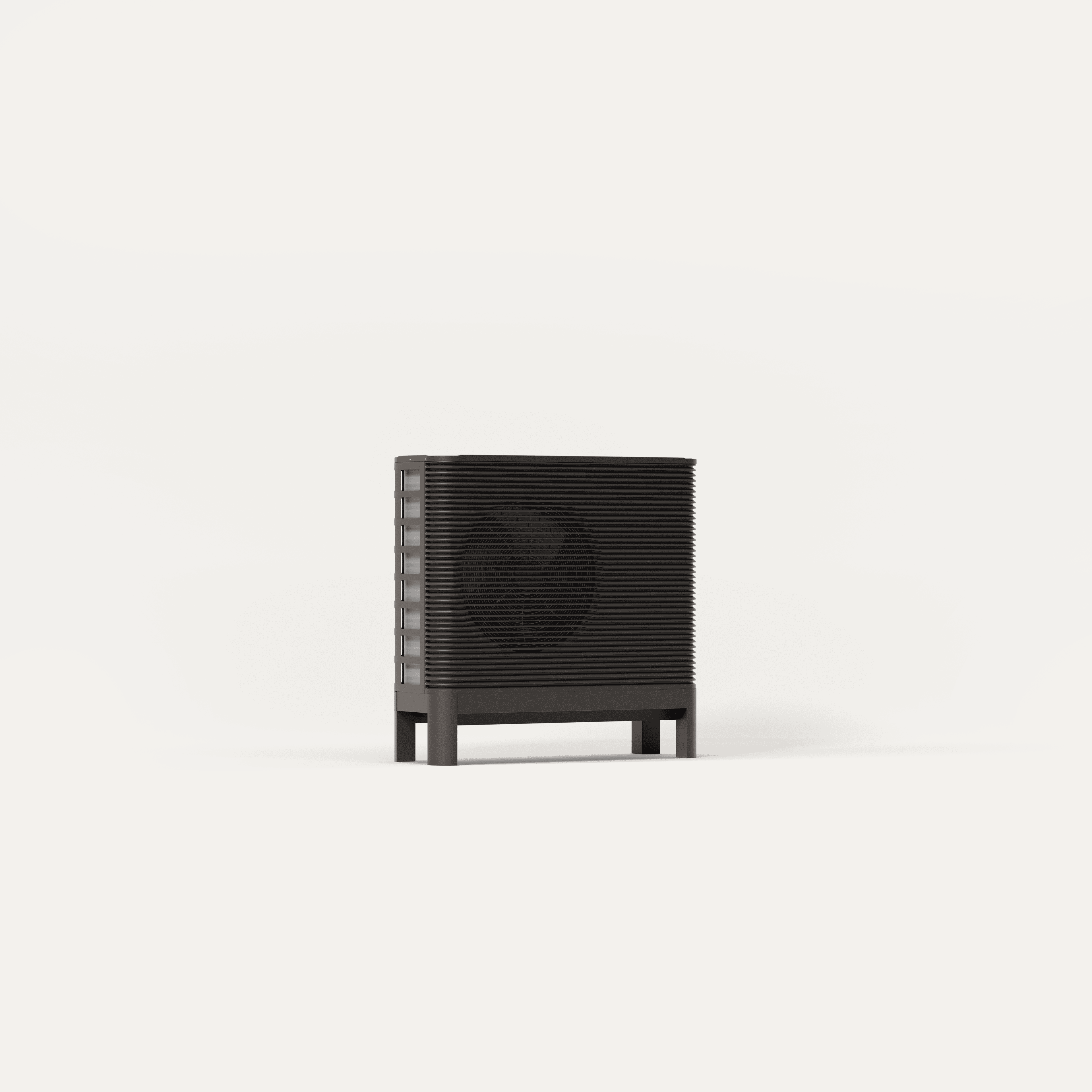 A rendering of the Aira air source heat pump outdoor unit at a slight angle