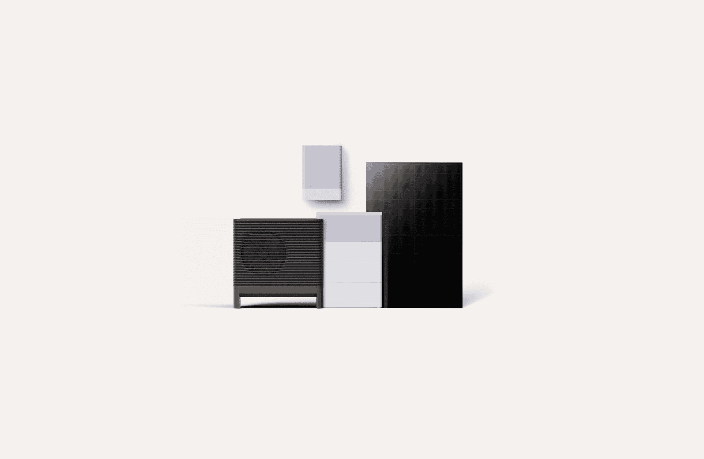 A lineup of the Aira Home Energy System featuring an Aira Heat Pump, Power Store, Power Hub and solar panels